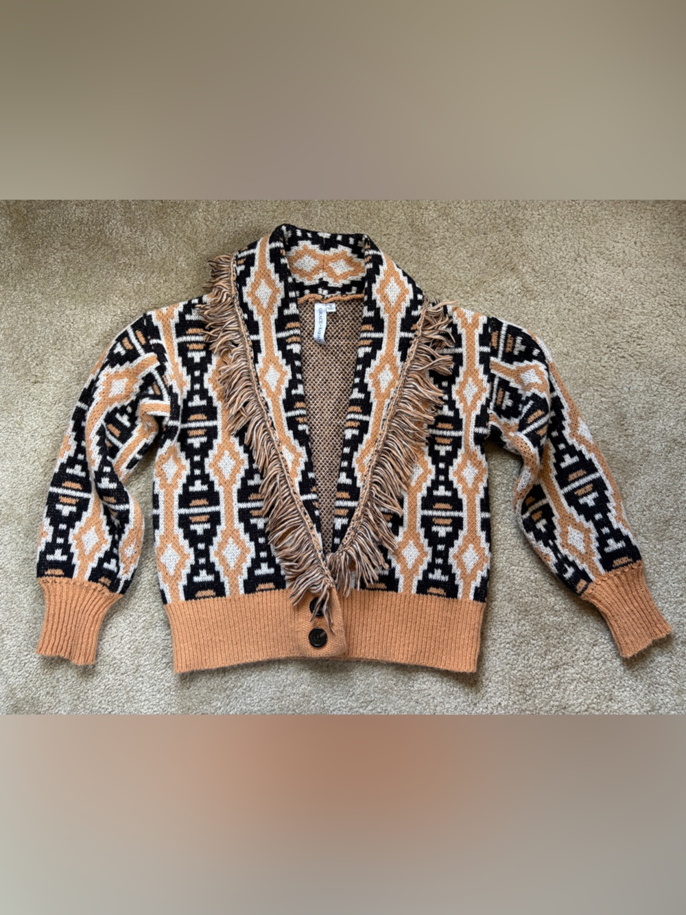Grace + Karma Fringed Patterned Open-Front Cardigan Sweater Tan Brown Cream